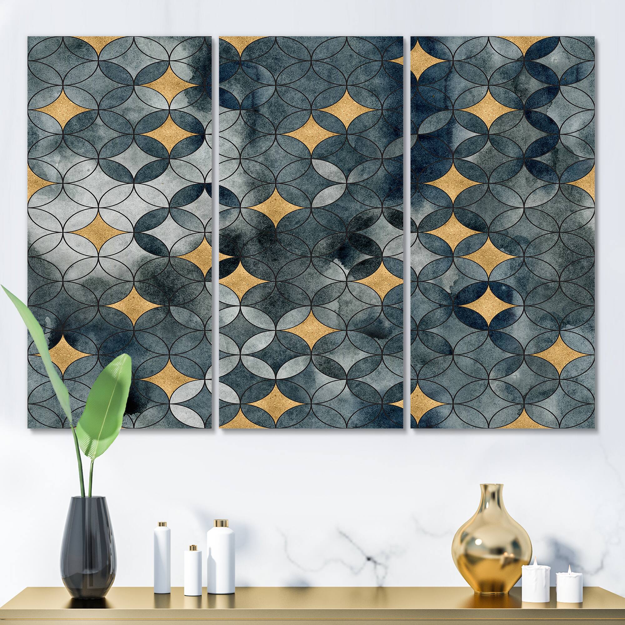 Designart - Geometry Intersecting Circles WIth Golden Stars - Modern Canvas Wall Art Print